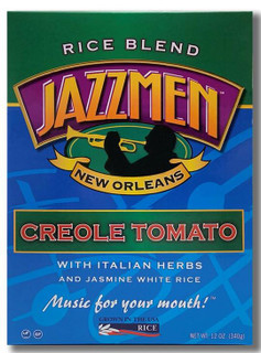 Jazzmen Rice Jazzmen Creole Tomato Rice 12oz, product packaging showing a blue and green design with a silhouette of a musician playing trumpet and the text 'Creole Tomato' in red letters.