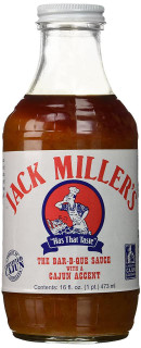 Jack Miller's BBQ Sauce 16oz, glass jar of rich, brown barbecue sauce with a white label and red, blue, and white text and logo.