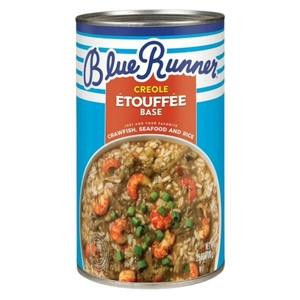 Blue Runner Creole Etouffee Base 25oz, a can of flavorful Creole etouffee base with shrimp, crawfish, rice, and vegetables, ready for cooking.