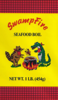 Oak Grove Smokehouse Swamp Fire Boil 16oz, bright yellow package with cartoon images of a raccoon and an alligator cooking seafood in a boiling pot.
