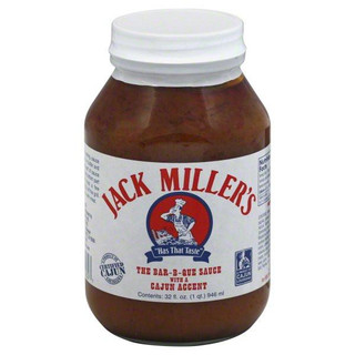 Jack Miller's BBQ Sauce 32oz, glass jar of barbecue sauce with white twist-off lid, label featuring red and blue logo, and description of Cajun flavor signature.