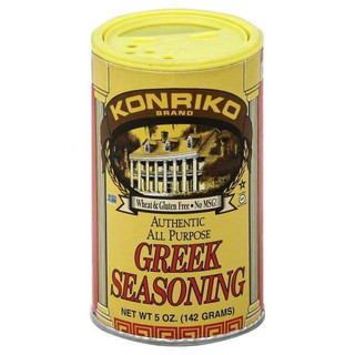 Conrad Rice Mill Konriko Greek Seasoning 5oz, container of all-purpose Greek seasoning with a yellow lid and label featuring an image of a Greek building.