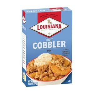 Louisiana Fish Fry Fruit Cobbler Mix 10.58oz, box of fruit cobbler mix with an image of a bowl of cooked cobbler with fruit filling and crust on top.
