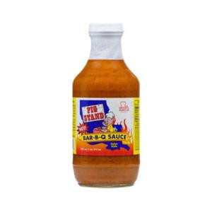 Pig Stand HOT BBQ Sauce 16oz, bottle of spicy and flavorful barbecue sauce with colorful label featuring pig graphic and bold text.