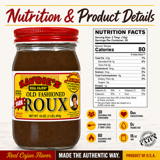 Savoie's Savoies Dark Roux 16oz, jar of dark roux with red lid and yellow label featuring the product name and branding.