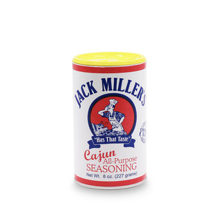Jack Miller's Cajun All-Purpose Seasoning 8oz, a cylindrical spice container with a yellow lid and red, white, and blue label design.