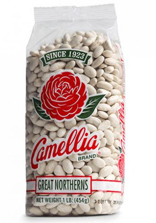 Camellia Great Northern Beans, 1lb package of white dried Great Northern beans in a clear plastic bag with red and green branding.