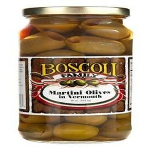 Boscoli Martini Olives 16oz, jar of green marinated olives in brine with a gold lid and label featuring the product name and description.