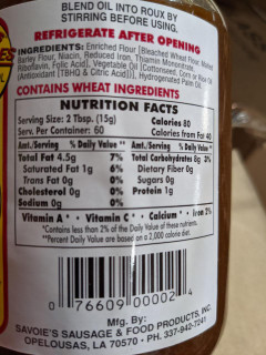 Savoie's Savoies Dark Roux 32oz, jar of dark roux with nutritional and ingredient details on label.