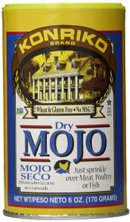 Conrad Rice Mill Konriko MOJO SEASONING 6 oz, yellow and blue packet of dry mojo seasoning with an illustration of a house and a map of Louisiana.