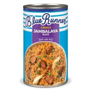 Blue Runner Creole Jambalaya Base 25oz, canned product with image of cooked jambalaya dish with rice, sausage, chicken, and vegetables.