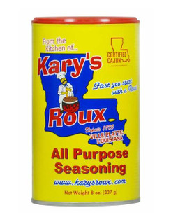 Kary's Roux Seasoning 8oz, yellow container with red and blue text, Louisiana state outline, and a chef illustration with a pot.