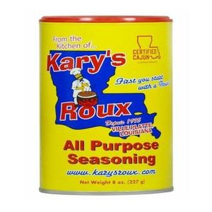 Kary's Roux Seasoning 8oz, yellow container with blue and red label featuring Louisiana map graphic and Cajun Certified logo, all-purpose seasoning for cooking.