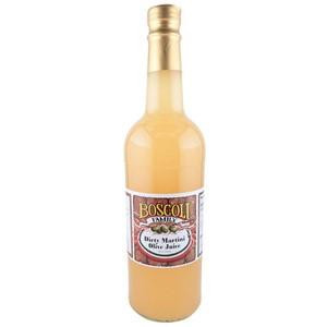 Boscoli Dirty Martini Olive Juice 25oz, a glass bottle filled with light brown olive brine for cocktails.
