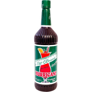 Pat O'Brien's Hurricane Mix 33.8 oz, a bottle of cocktail mix with colorful label featuring a tropical drink with a cherry and orange wedge.