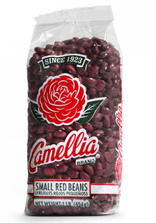 Camellia Small Red Beans 1lb, image of a transparent plastic bag filled with small red beans with the Camellia logo and label on the front.