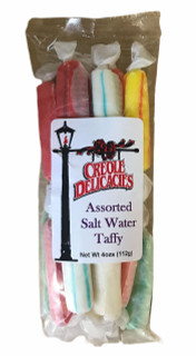 Creole Delicacies Assorted Salt Water Taffy, colorful individually wrapped salt water taffy candies in a clear plastic bag with a label.