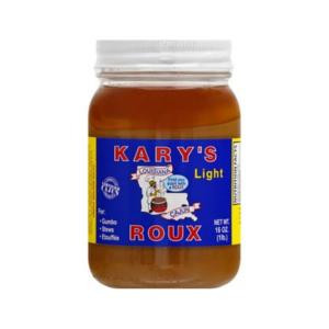 Kary's Light Roux 16oz, jar of light roux sauce with a blue label and white screw-on lid.