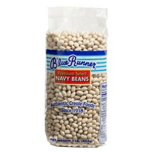 Blue Runner Dry Navy Beans 1lb, clear plastic bag filled with white navy beans with blue label and red accents.
