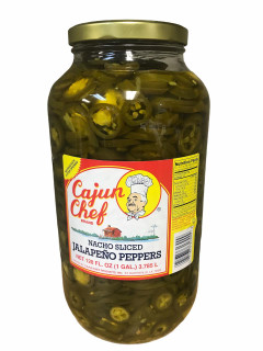 Cajun Chef Nacho Sliced Jalapeno Peppers 128oz, jar of sliced jalapeño peppers in brine with a yellow lid and bright label, suitable for snacks and cooking.
