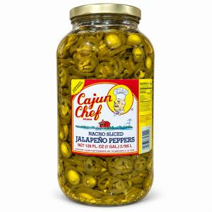 Cajun Chef Nacho Sliced Jalapeno Peppers 128oz, jar filled with sliced and sliced green jalapenos in brine with a gold lid and colorful label.