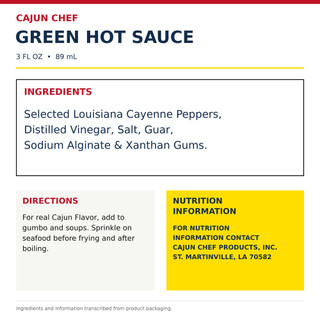 Cajun Chef Green Louisiana Hot Sauce 3oz, front label of the hot sauce bottle with product name and description.