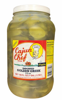 Cajun Chef Imported Golden Greek Peperoncini, large jar of yellow-green Greek peperoncini peppers in brine