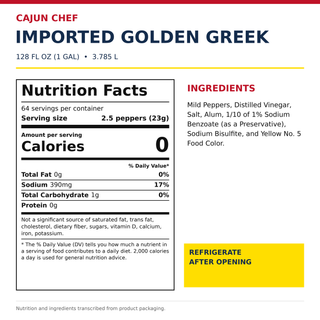 Cajun Chef Imported Golden Greek Peperoncini 128oz