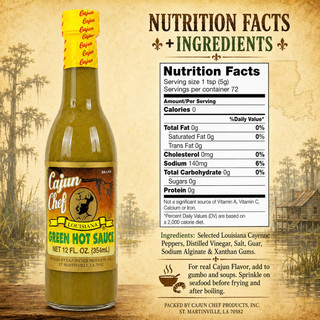 Cajun Chef Green Louisiana Hot Sauce 12oz, glass bottle with yellow cap and label displaying the product name and a Cajun chef illustration, set against a rustic Louisiana landscape background.
