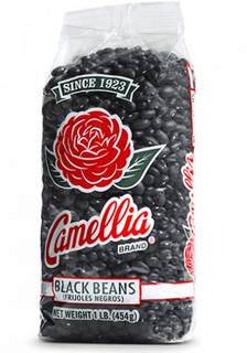 Camellia Black Beans 1 lb, package of dried black beans in transparent plastic bag with red and white labeling, featuring a red rose logo and product details.