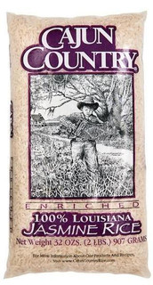 Cajun Country Long-Grain Jasmine Rice 2lb, packaged in a beige bag with a black and white image of a child in a hat standing outdoors among trees and plants.