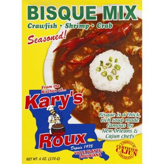 Kary's Roux Kary's Bisque Mix 6oz, packaged seasoning for Cajun style crawfish, shrimp, and crab bisque with a colorful label featuring seafood and rice, including Louisiana certification.