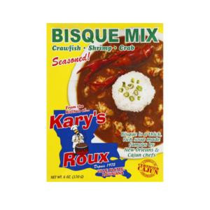 Kary's Bisque Mix 6oz, image of a box of seafood boiled sauce with crawfish, shrimp, and crab flavors, featuring a bowl of bisque with a white garnish on top.