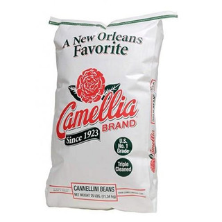 Camellia Cannellini 25 lb, white bag of cannellini beans with red and black text and logo.