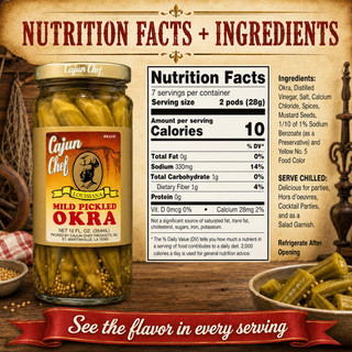 Cajun Chef Mild Pickled Okra 12oz jar, pickled okra spears submerged in vinegar, with a nutrition facts label on the packaging.