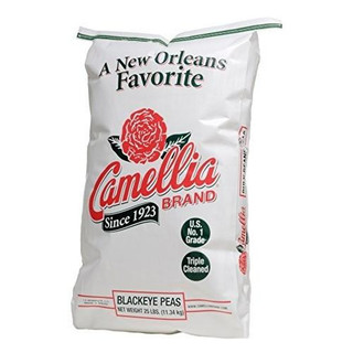 Camellia Blackeye Peas 25 lb, white bag with red and black text and logo, made of sturdy material for storing blackeye peas.