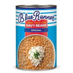 Blue Runner Creole Cream Style original Navy Beans 16oz, product can showing navy beans with a serving suggestion of rice garnished with green herbs.