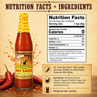 Cajun Chef Louisiana Hot Sauce 6oz bottle, image of a hot sauce bottle with a label featuring a Cajun chef logo, surrounded by red peppers and chili flakes.