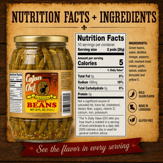 Cajun Chef Spicy Green Beans 32oz, jar of green beans with a label displaying nutrition facts and ingredients.