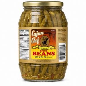 Cajun Chef Spicy Green Beans 32oz, Jar of spicy green beans with a label showcasing product details and branding.