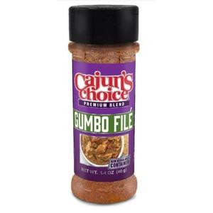 Cajun's Choice Gumbo File 1.4oz, spice blend in a clear plastic bottle with a black cap and colorful label featuring Cajun's Choice branding and product details