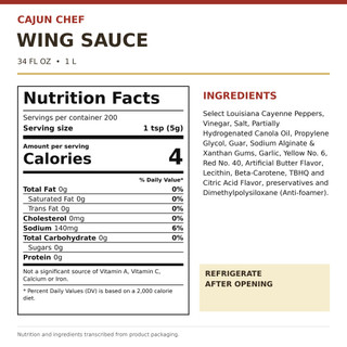 Cajun Chef Wing Sauce 34oz, product label displaying ingredients, nutrition facts, and volume details.