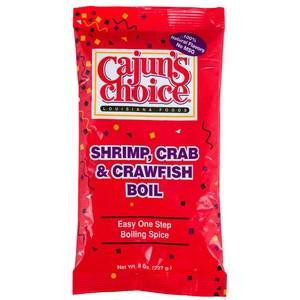 Cajun's Choice Crab Boil 8oz, bright red packet of seasoning for seafood boil with bold text and colorful design.