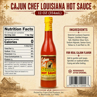 Cajun Chef Louisiana Hot Sauce 12oz, bottle with red liquid, yellow cap with red text, label with Louisiana theme and black rooster silhouette.