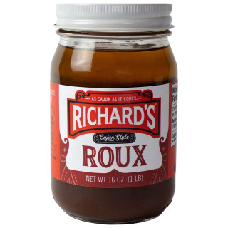 Richard's Richards Roux, 16oz jar of Cajun-style roux with a white lid and label featuring red, black, and white design elements.