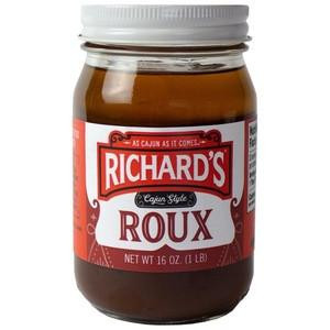 Richards Roux 16oz, jar of flavorful brown roux with a red and white label and white cap