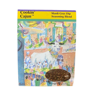 Cookin' Cajun Mardi Gras Dip 1.2oz, packaging with colorful Mardi Gras parade illustration and seasoning blend in a small oval window.