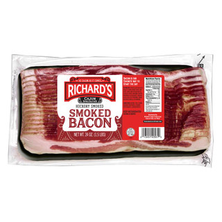 Richard's Hickory Smoked Bacon 24oz, packaged smoked bacon with a strip of bacon visible through the clear plastic wrap.
