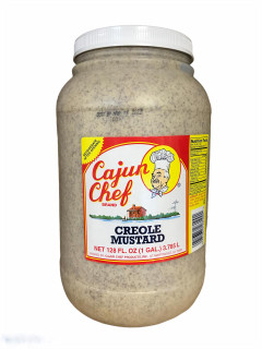 Cajun Chef Creole Mustard 128oz, large plastic jar of creamy mustard with a white lid and a colorful label featuring a chef's cartoon image and a Louisiana-inspired scene.