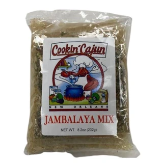 Cookin' Cajun Jambalaya Mix, 8.2oz packet of flavorful Cajun seasoning and rice mix with a colorful label featuring a cartoon of a chef lobster cooking over a pot.